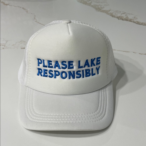White Trucker Hat with Blue PLEASE LAKE RESPONSIBLY Embroidery - Picture 1 of 2